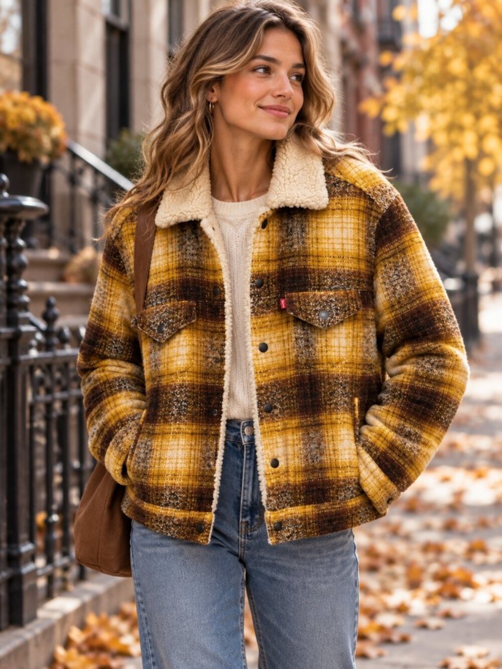 Levi’s Premium Plaid Sherpa Wool Blend Trucker Jacket Mustard Brown | SZ M